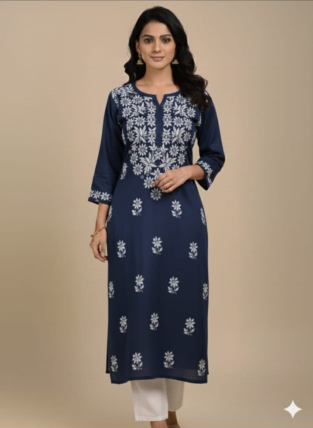 Adaa Navy Blue Rayon Long Kurta