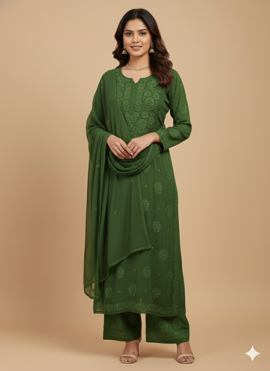 Ziyana Georgette Bottle Green 4pc Set