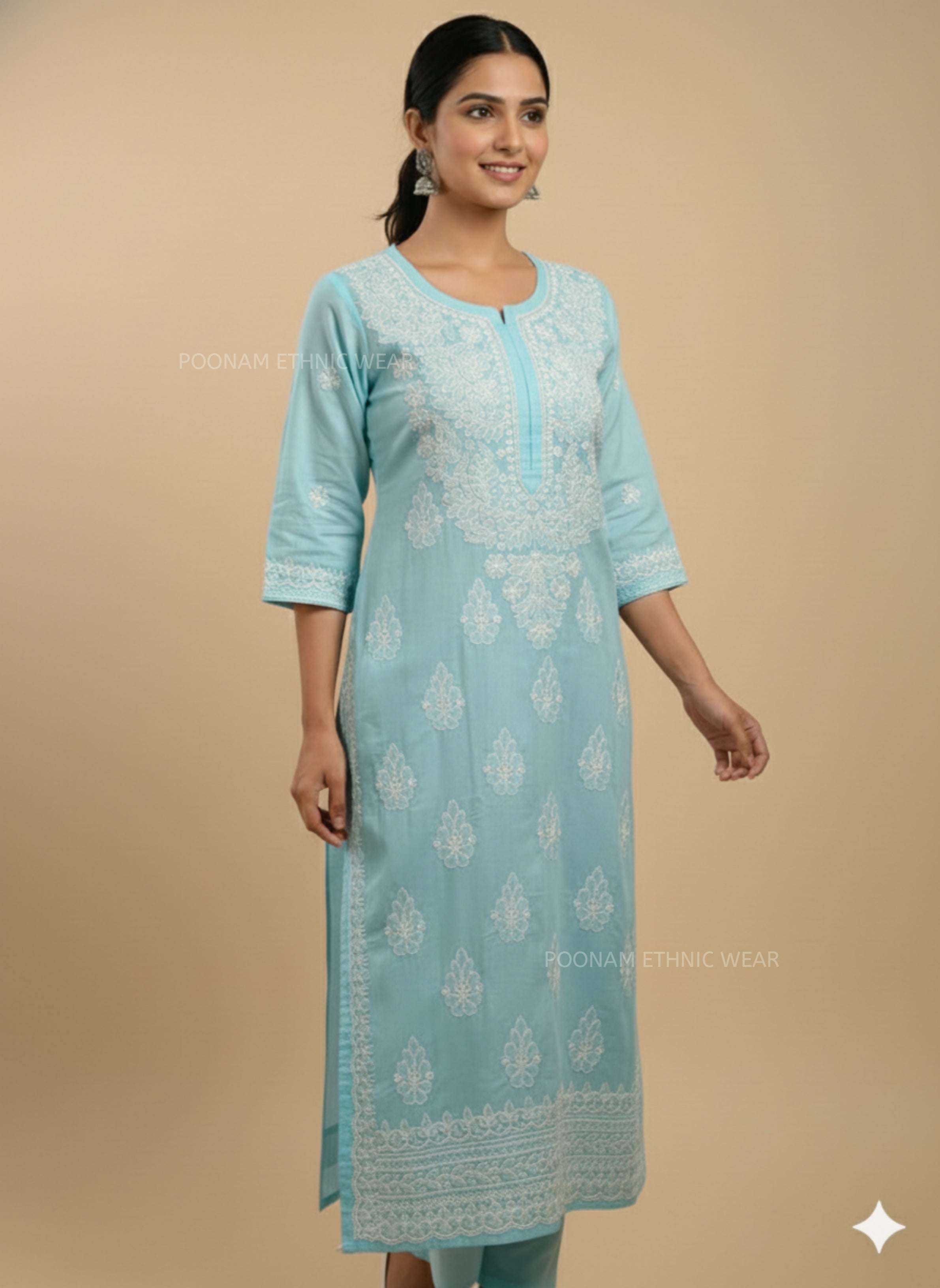 Saba Pure Cotton Daman Aqua Blue Long Kurta