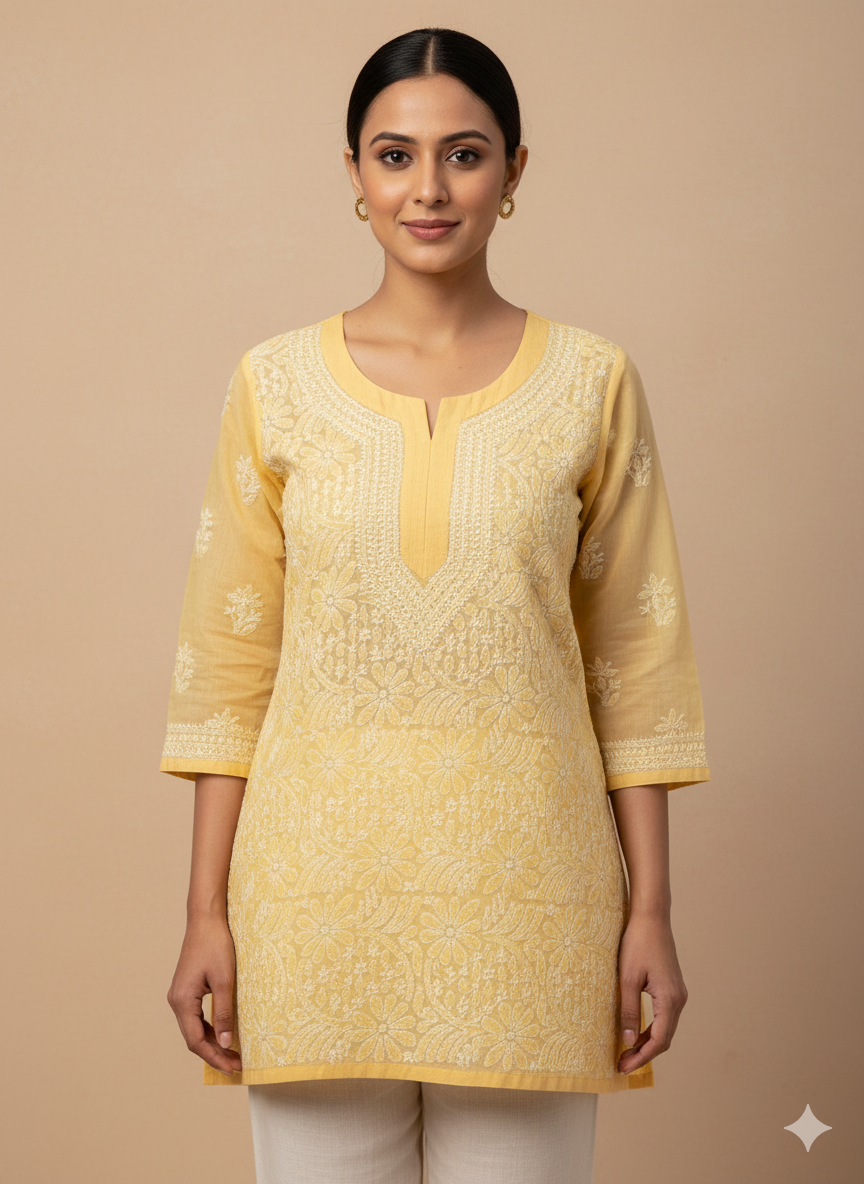 Pariza Pure Cotton Yellow Short Kurta